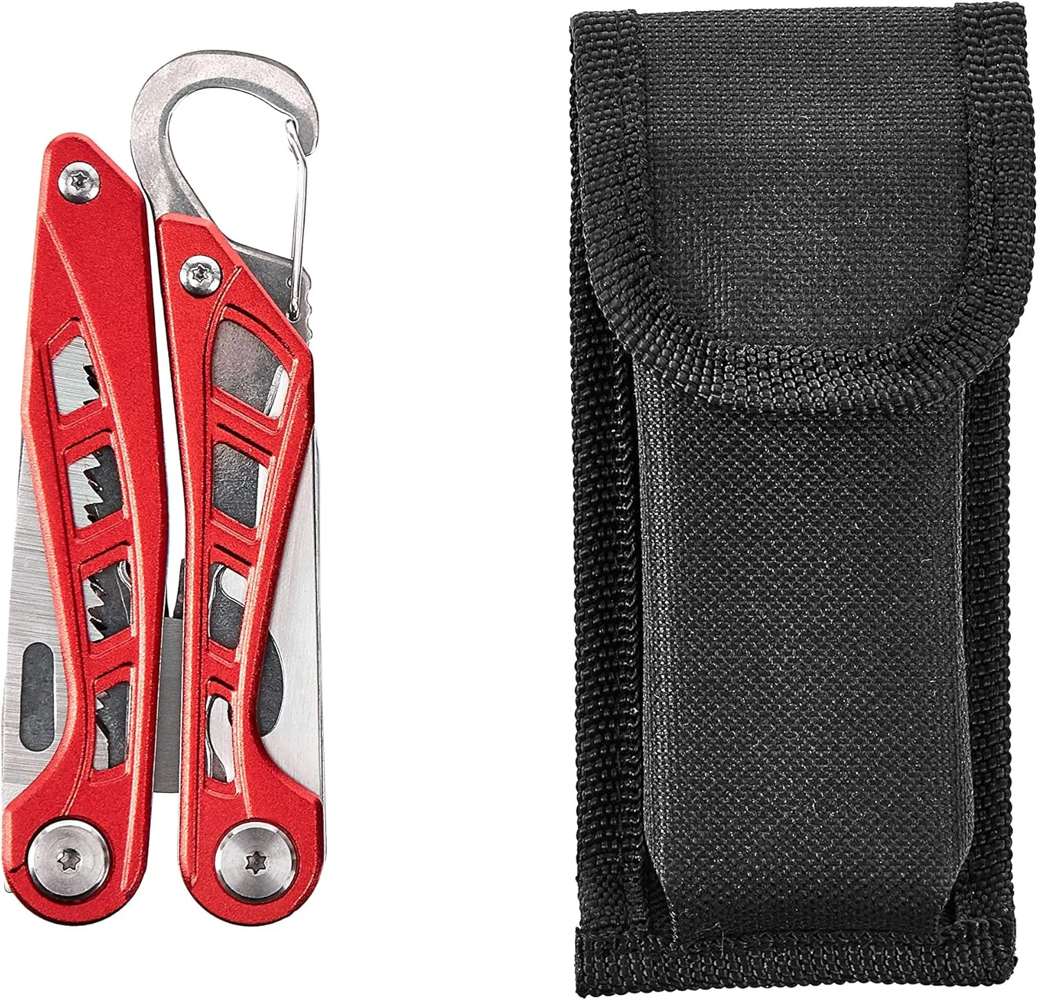 Amazon Basics 8-in-1 Stainless Steel Multitool Safety Lock with Nylon Sheath, Red