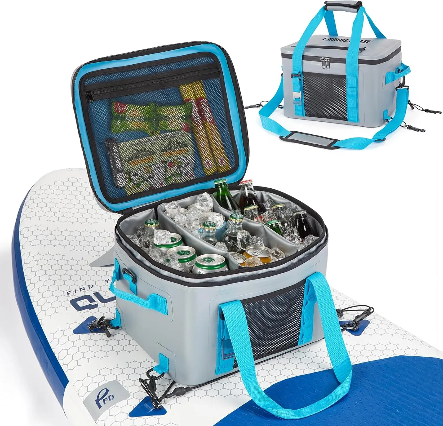 CAMULAND Waterproof Paddle Board Cooler Bag  25L Insulated SUP Deck Bag with Bottle Opener, Detachable Compartments & Multiple Pockets, Holds 30 Cans, Perfect for Kayaking, Camping & Water Sports