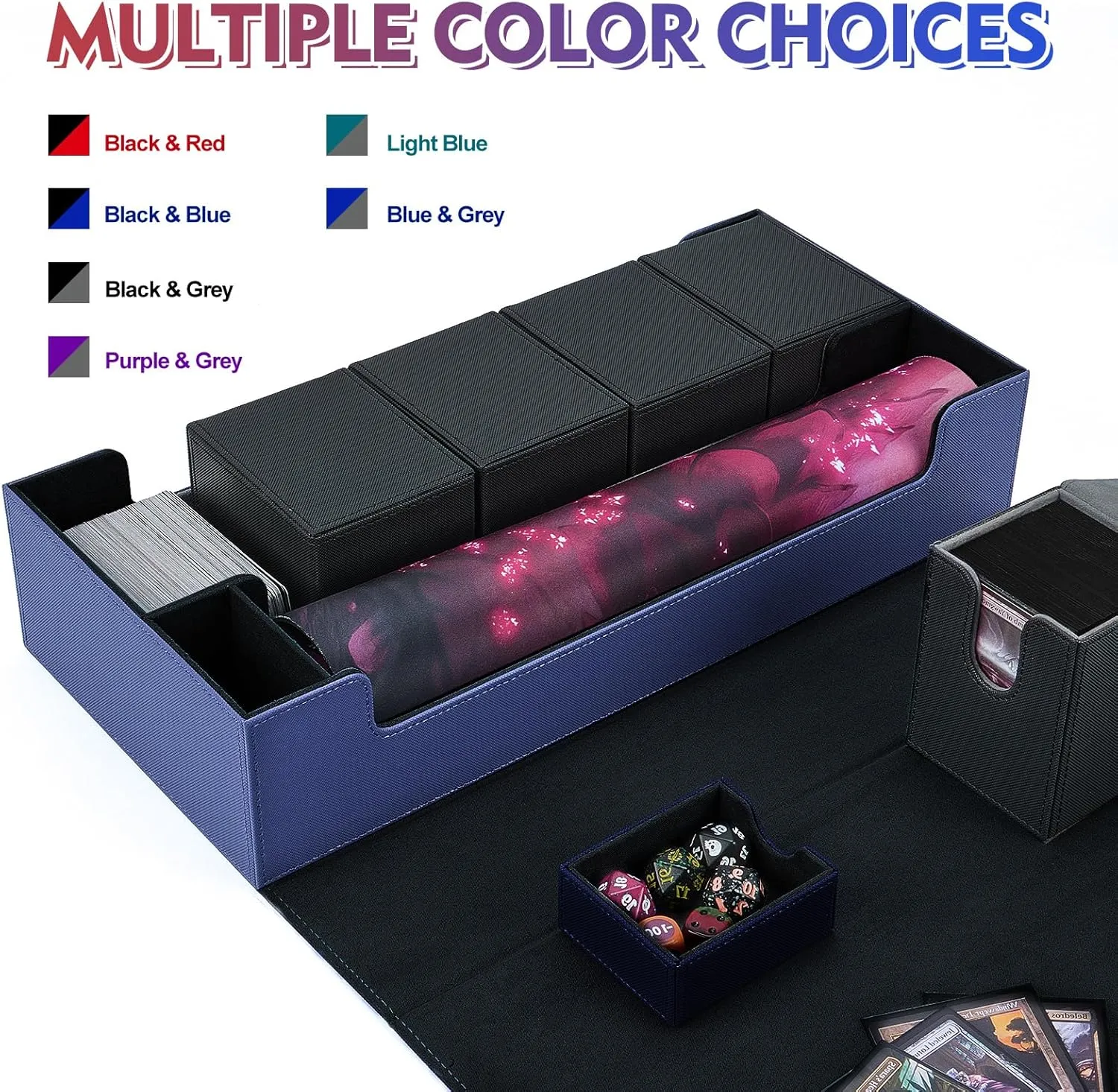 Card Mat Case Holds 800  Sleeved Cards - TCG Deck Case with Box for MTG, Uno, YuGiOh & More - Strong Magnet Closure (Blue/Black)
