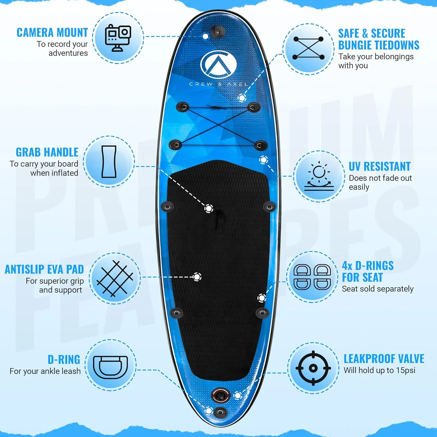 Crew Axel Inflatable Paddle Board 10336 Extra Wide & Lightweight (18lb) Paddle Board  Premium SUP Set Includes 2 Bags, Floating Paddle, Camera Mount, 3 Fins, Dual Pump Kit