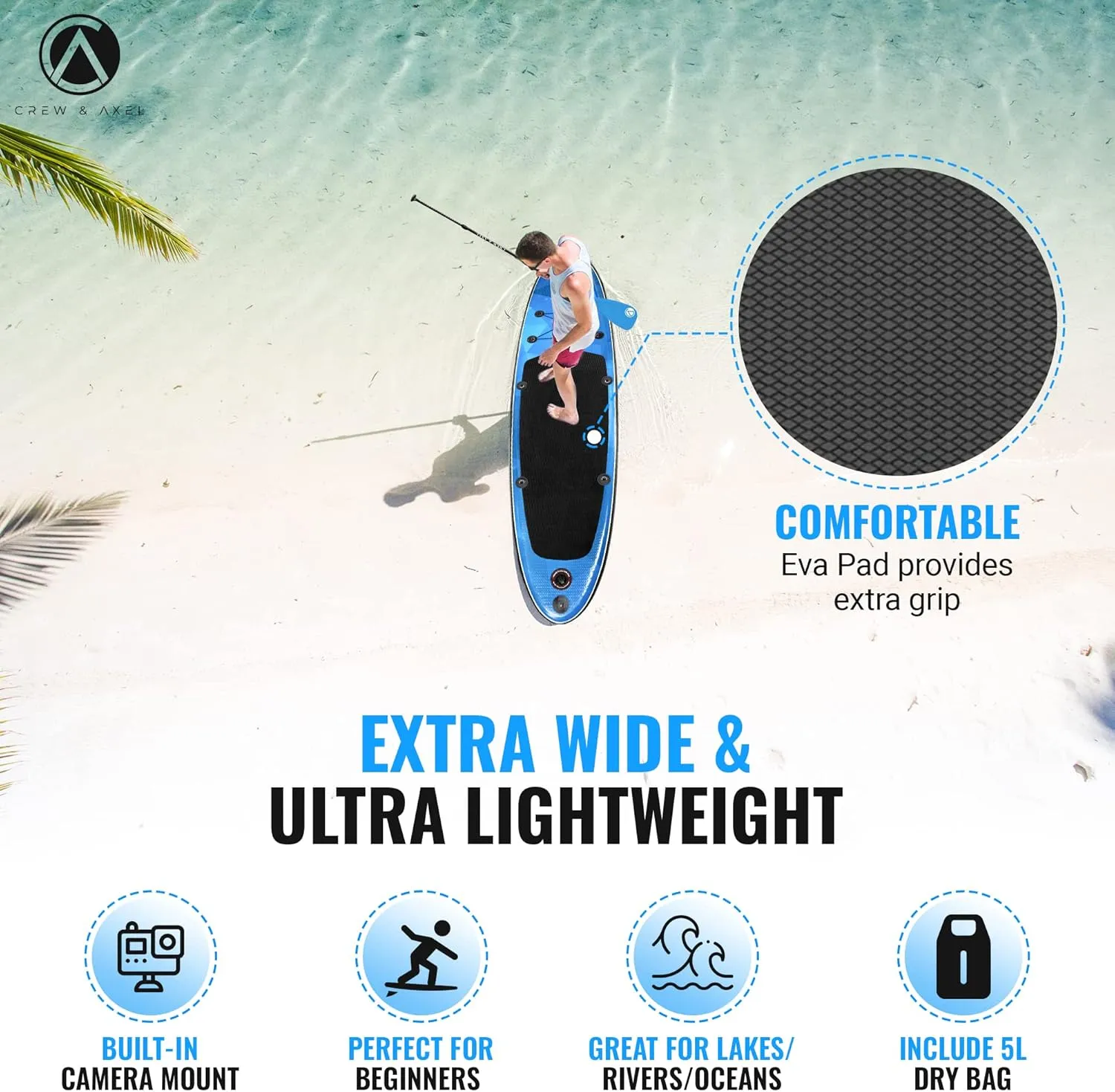 Crew Axel Inflatable Paddle Board 10336 Extra Wide & Lightweight (18lb) Paddle Board  Premium SUP Set Includes 2 Bags, Floating Paddle, Camera Mount, 3 Fins, Dual Pump Kit