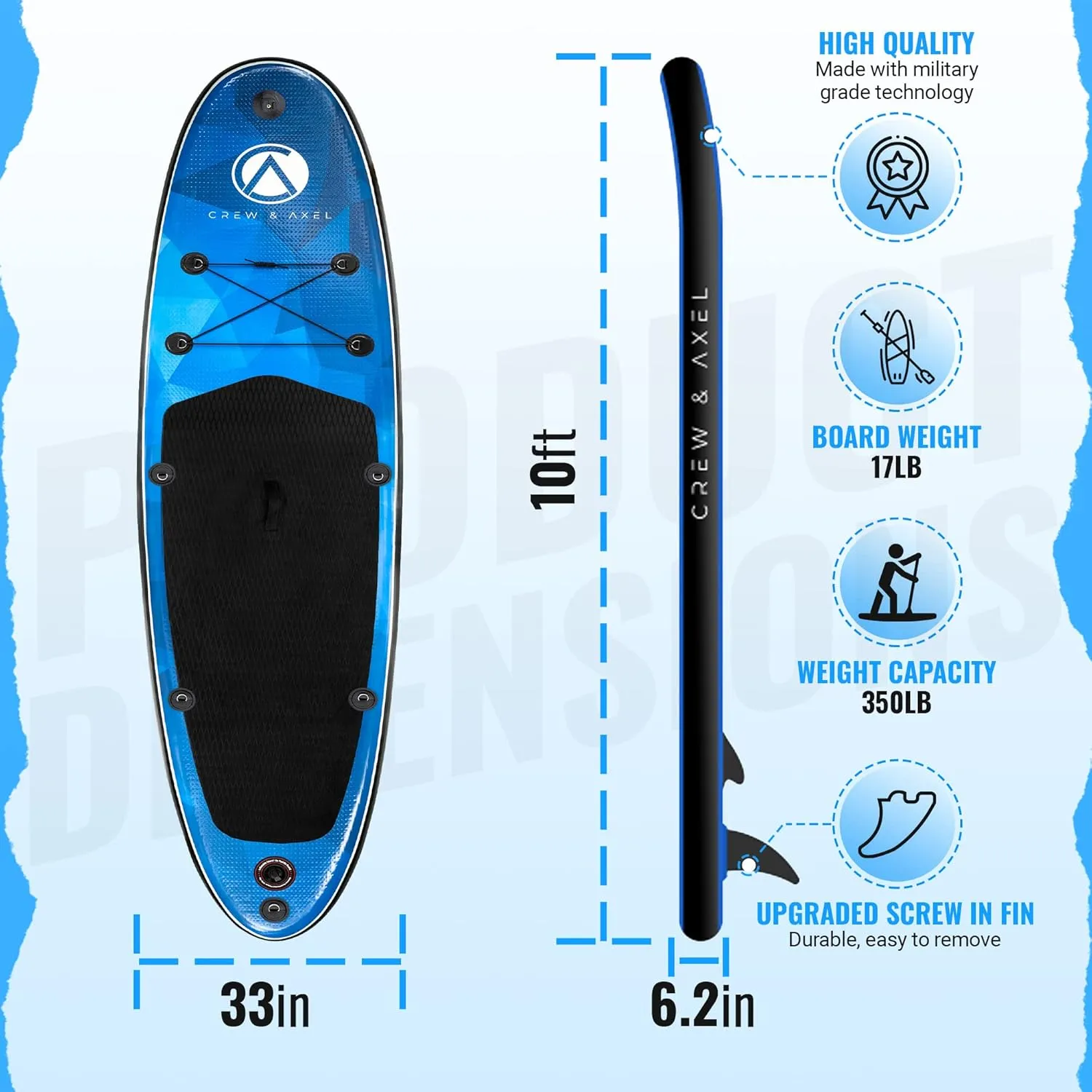 Crew Axel Inflatable Paddle Board 10336 Extra Wide & Lightweight (18lb) Paddle Board  Premium SUP Set Includes 2 Bags, Floating Paddle, Camera Mount, 3 Fins, Dual Pump Kit