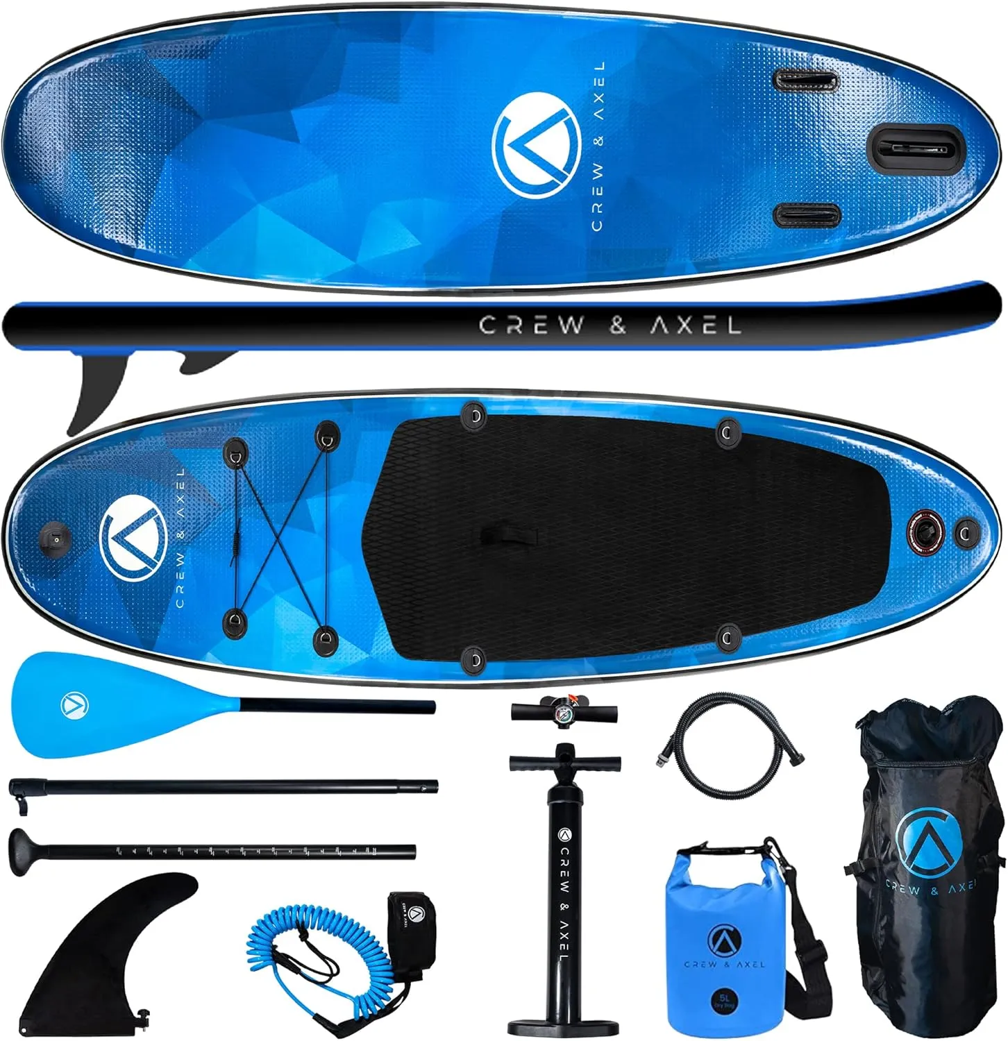 Crew Axel Inflatable Paddle Board 10336 Extra Wide & Lightweight (18lb) Paddle Board  Premium SUP Set Includes 2 Bags, Floating Paddle, Camera Mount, 3 Fins, Dual Pump Kit