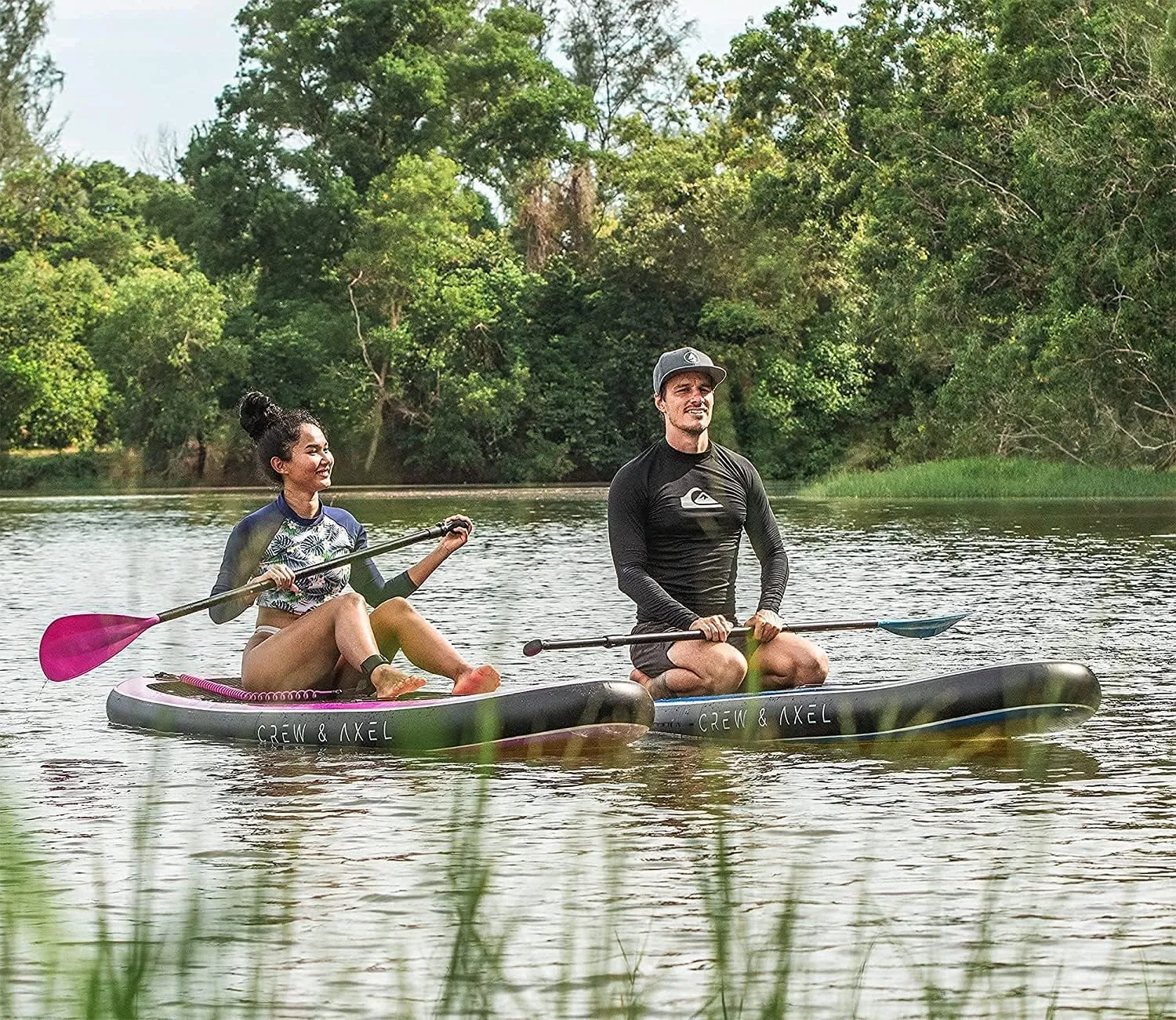 Crew Axel Inflatable Paddle Board 10336 Extra Wide & Lightweight (18lb) Paddle Board  Premium SUP Set Includes 2 Bags, Floating Paddle, Camera Mount, 3 Fins, Dual Pump Kit