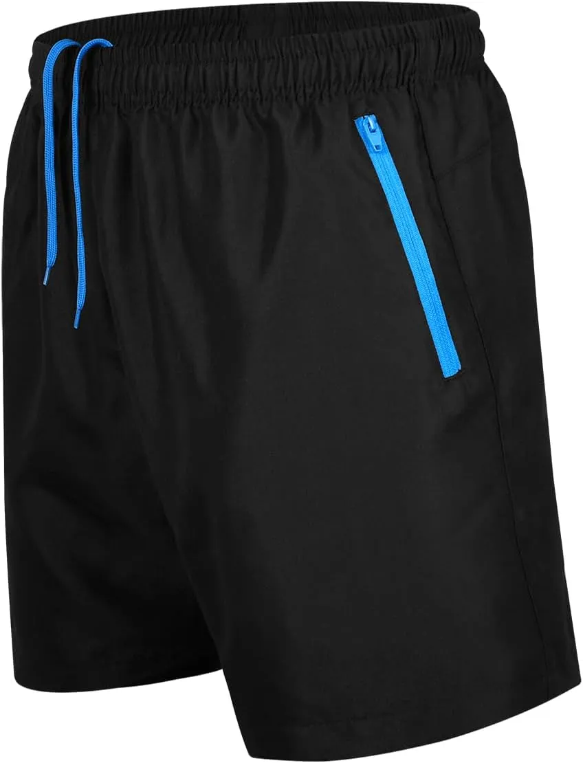 Men's Swim Trunks with Zipper Pockets and Mesh Lining,Beach Shorts with Drawstring Quick Dry Swim Shorts, Solid Beach Shorts