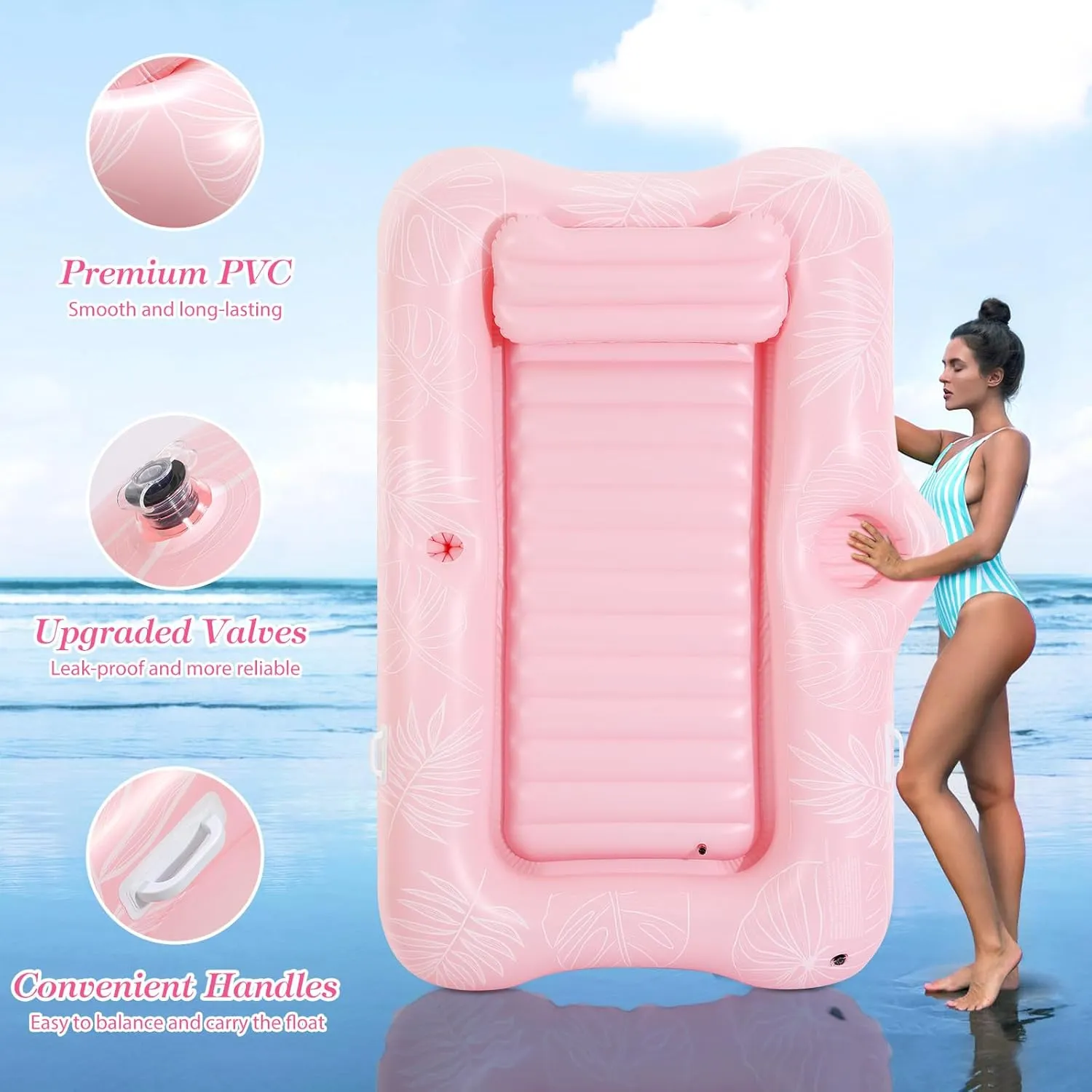 MoKo Pool Floats Adult, Large Floating Bed with Ice Bar, Tanning Bed Pool Raft Inflatable Lounger with Drink Holder Tanning Chair Inflatable Pool Toys for Party Beach Backyard