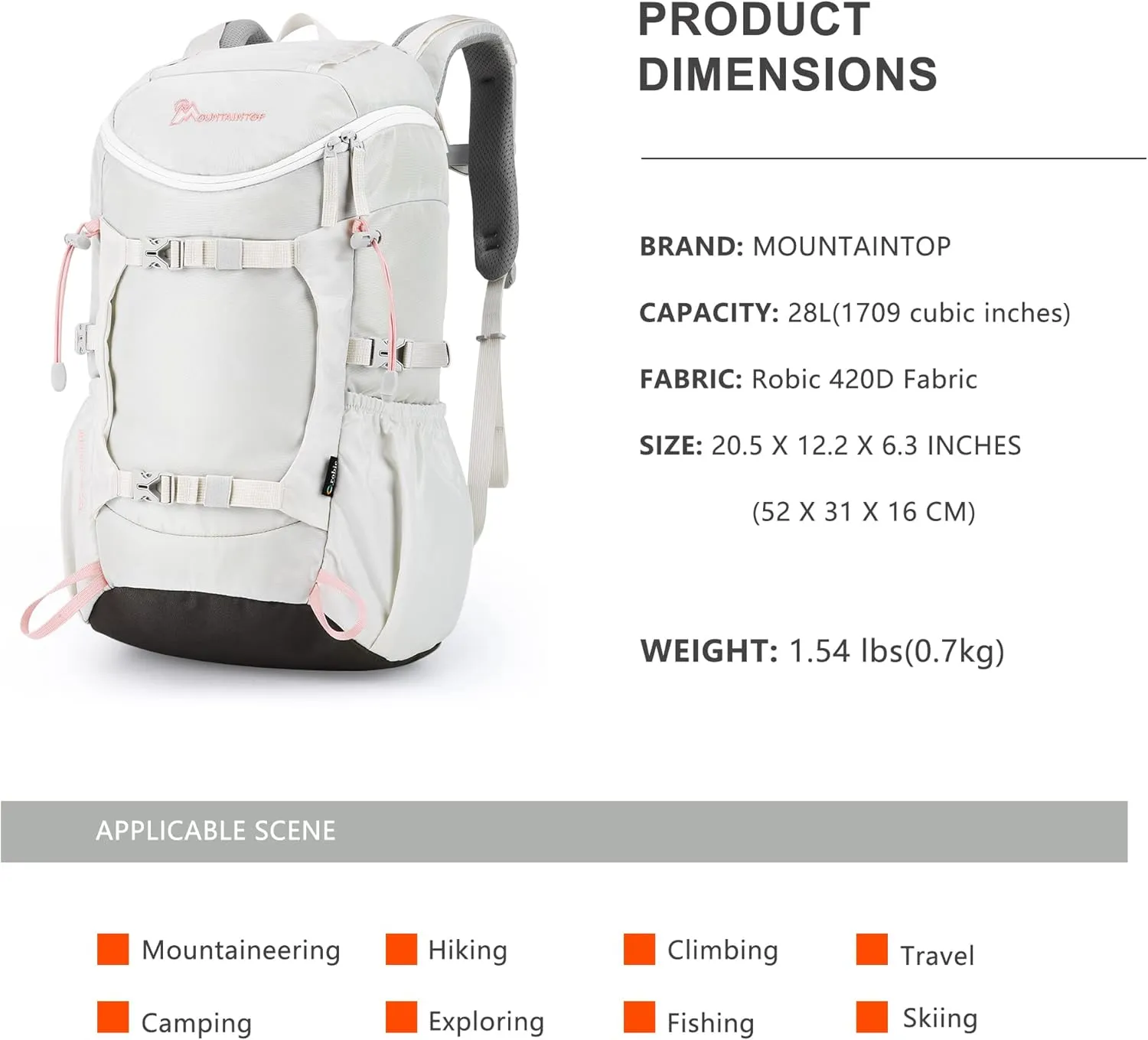 MOUNTAINTOP Small Hiking Backpack 28L Travel Daypack Lightweight for Women for Outdoor Camping, 20.512.26.3 INIvory