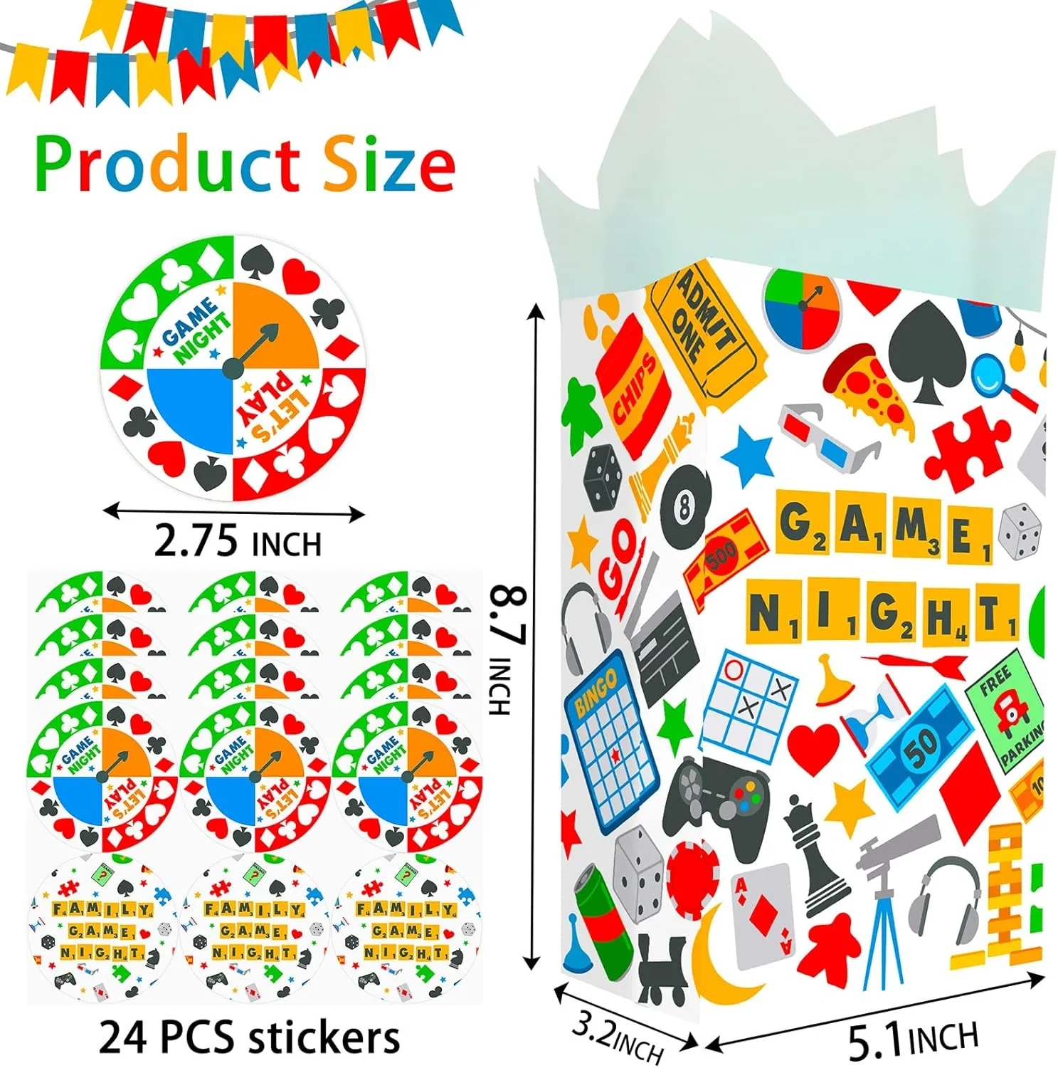 Outego 24 Game Night Party Favor Bags with Stickers Game Night Goodie Bags Game Night Party Favors for Kids Game Night Birthday Party Supplies