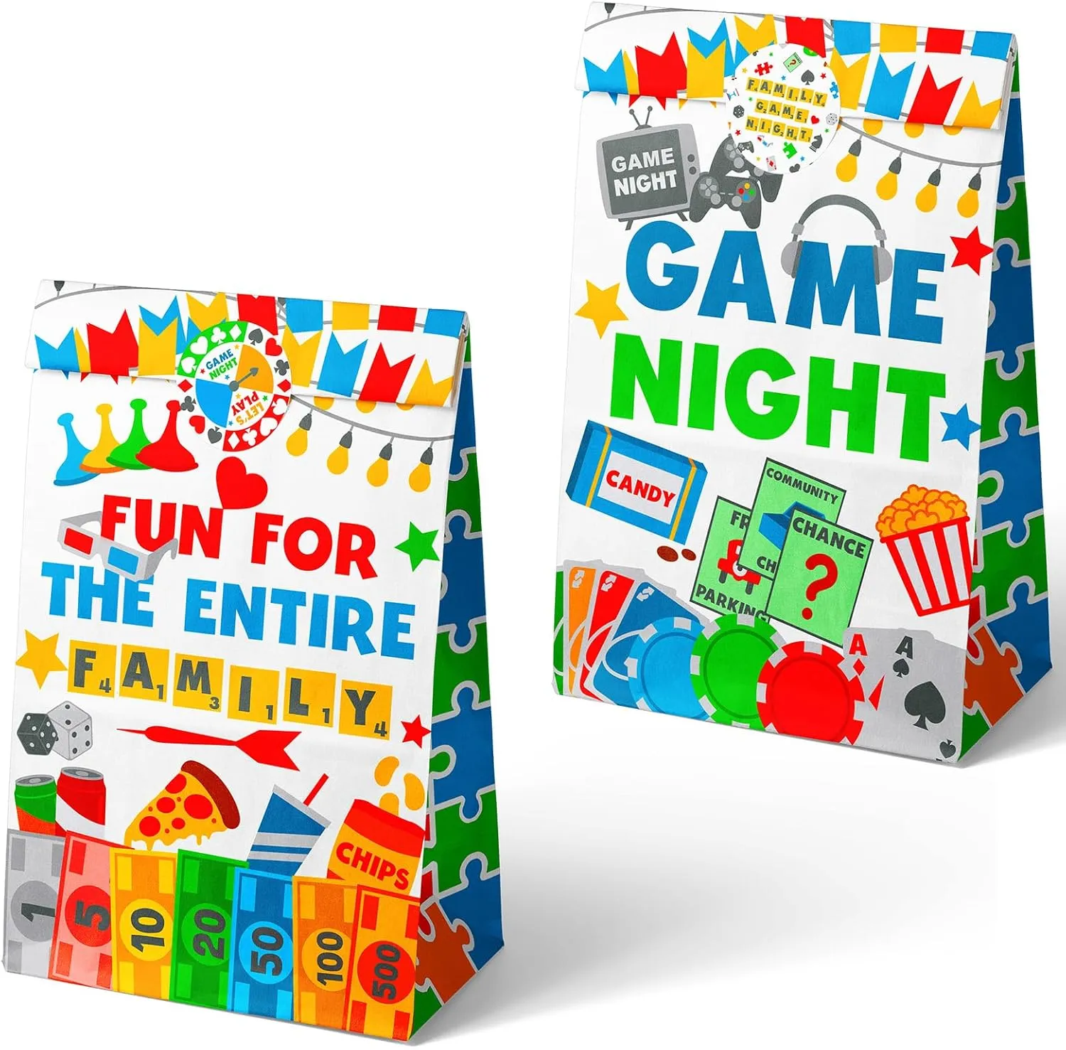 Outego 24 Game Night Party Favor Bags with Stickers Game Night Goodie Bags Game Night Party Favors for Kids Game Night Birthday Party Supplies