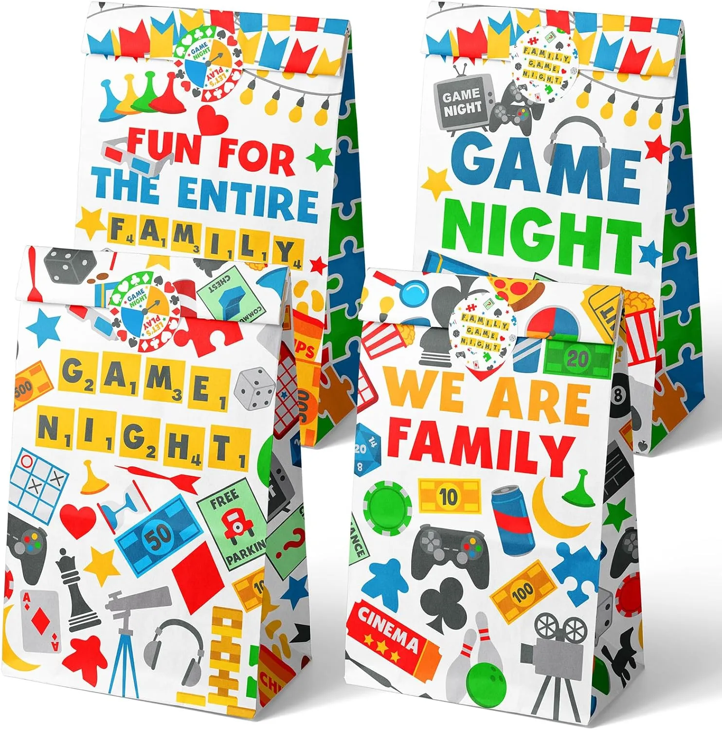 Outego 24 Game Night Party Favor Bags with Stickers Game Night Goodie Bags Game Night Party Favors for Kids Game Night Birthday Party Supplies