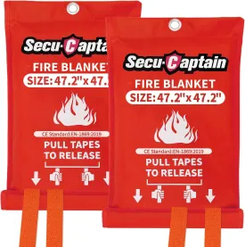SecuCaptain Emergency Fire Blanket for Home - 2 Pack 47.2"x47.2" Large Flame Retardant Blankets with Fireproof Tabs for House Camping Kitchen Fire Protection Survival Safety