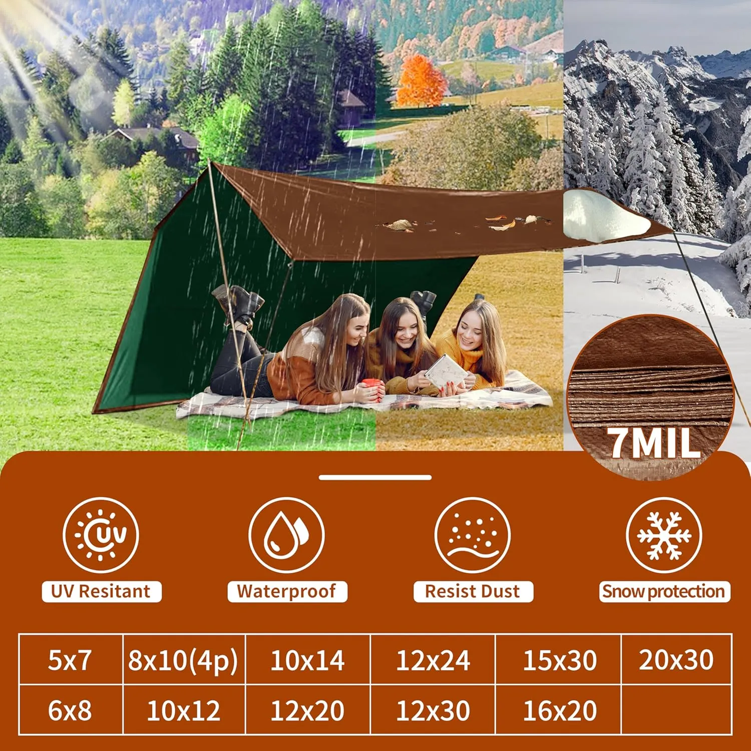 Tarp 5x7 ft 100% Waterproof 7mil Durable Grommets and Reinforced Edges,Uv Resistant,Green/Brown Tarp,Emergency Rain Shelter,Outdoor Cover and Camping Use -by MVPNET