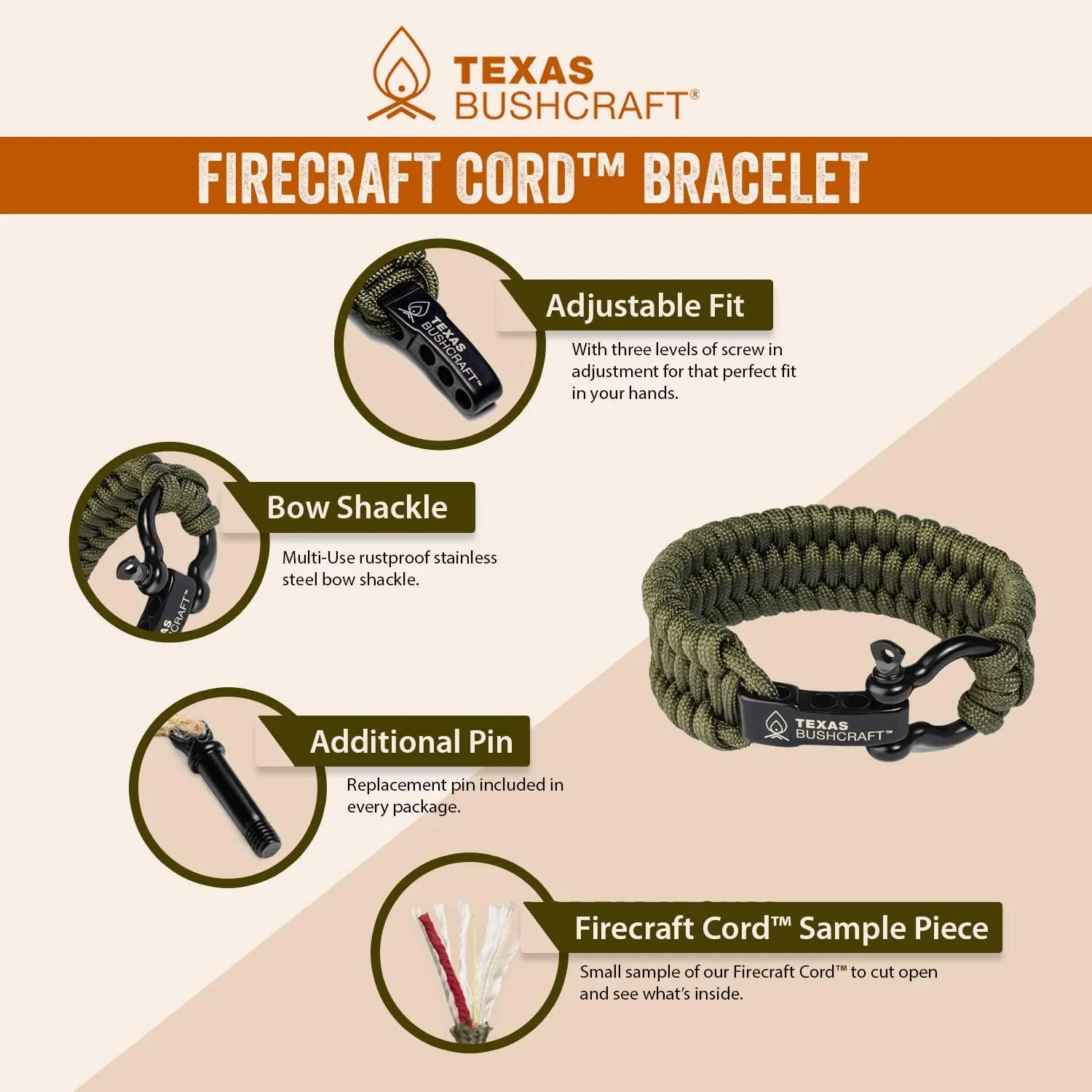 Texas Bushcraft Firecraft Cord Survival Bracelet  Paracord Bracelet with Bow Shackle for Camping and Emergency  3 Extra Strands Include Wax Thread, Tinder, and Fishing Line