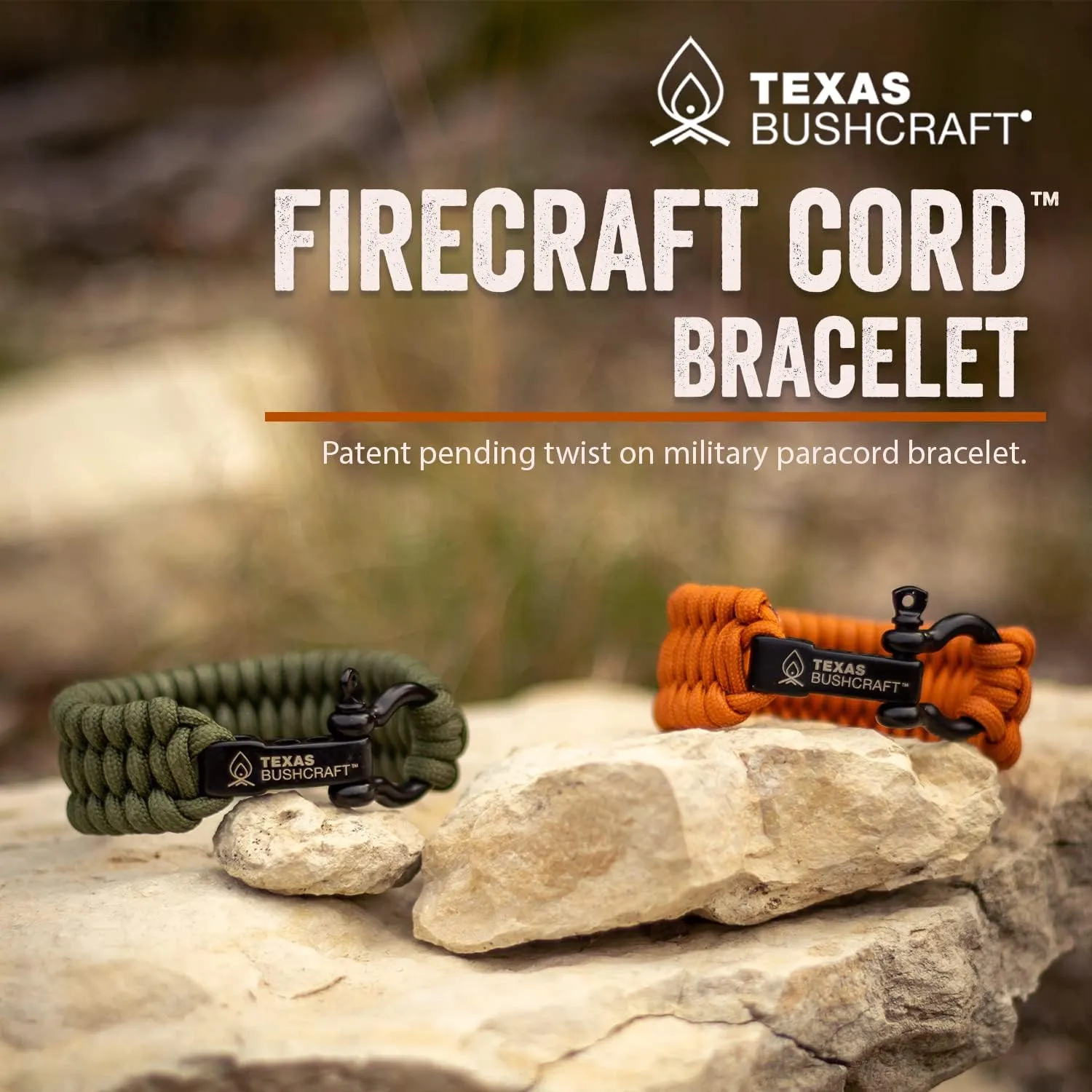 Texas Bushcraft Firecraft Cord Survival Bracelet  Paracord Bracelet with Bow Shackle for Camping and Emergency  3 Extra Strands Include Wax Thread, Tinder, and Fishing Line
