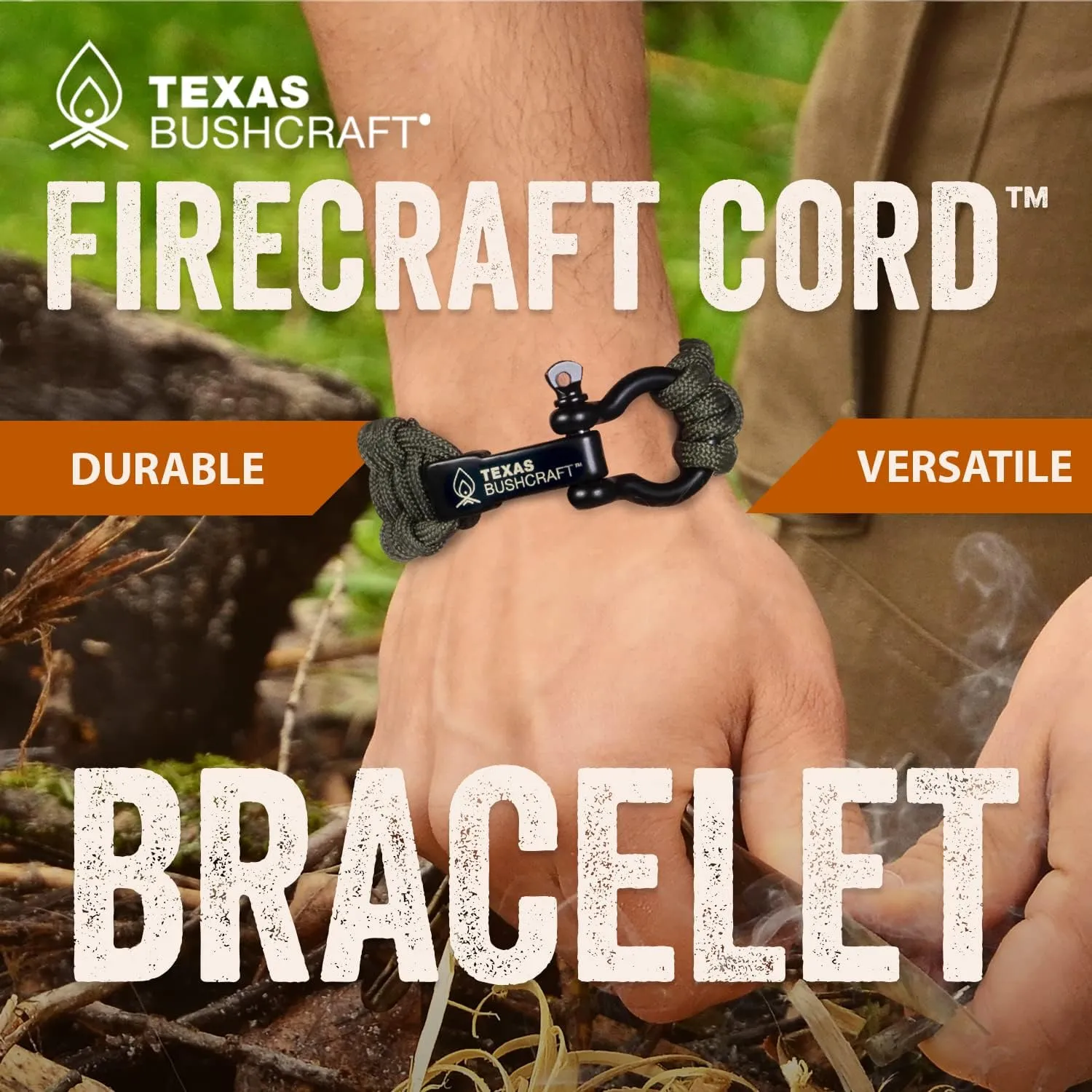Texas Bushcraft Firecraft Cord Survival Bracelet  Paracord Bracelet with Bow Shackle for Camping and Emergency  3 Extra Strands Include Wax Thread, Tinder, and Fishing Line