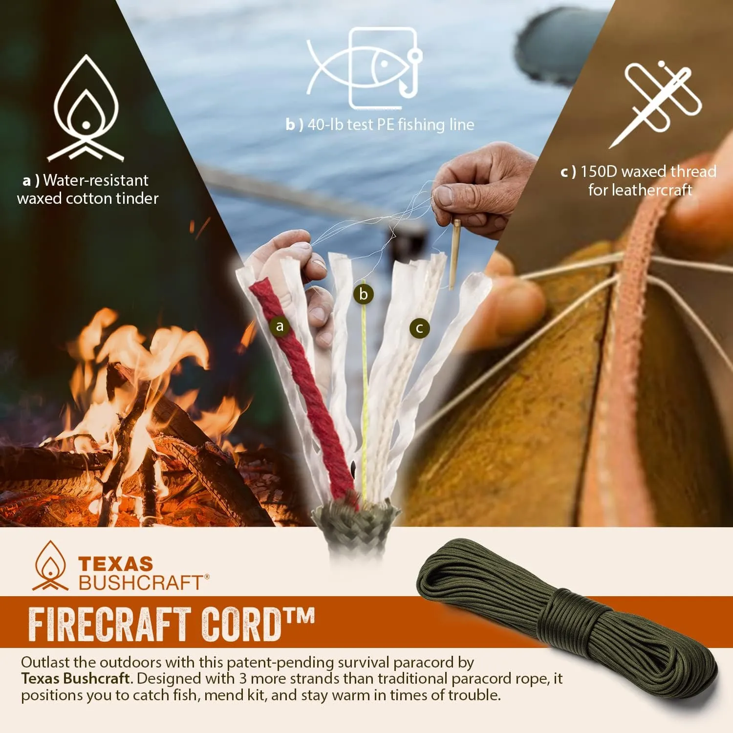 Texas Bushcraft Firecraft Cord Survival Bracelet  Paracord Bracelet with Bow Shackle for Camping and Emergency  3 Extra Strands Include Wax Thread, Tinder, and Fishing Line