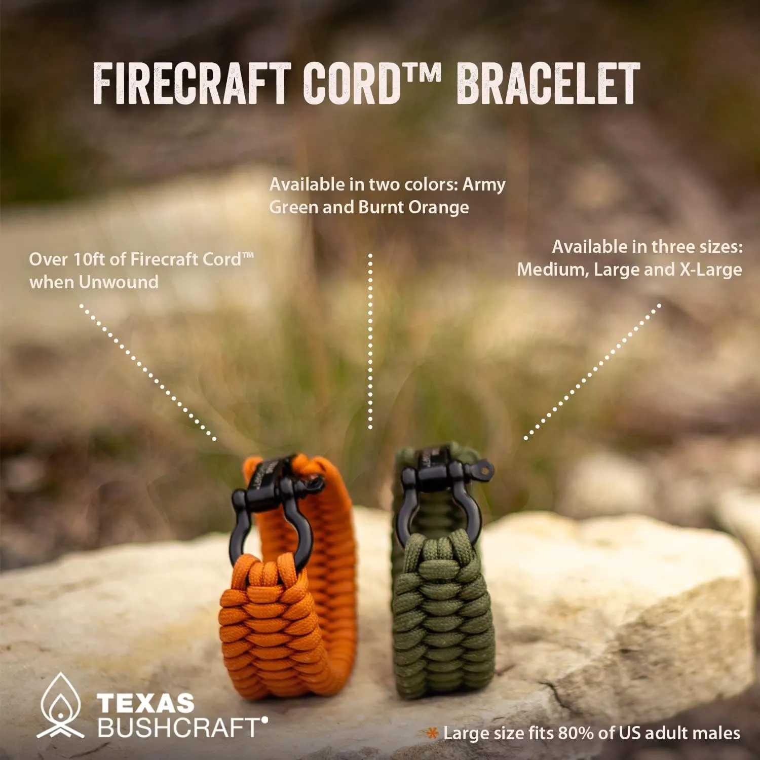 Texas Bushcraft Firecraft Cord Survival Bracelet  Paracord Bracelet with Bow Shackle for Camping and Emergency  3 Extra Strands Include Wax Thread, Tinder, and Fishing Line
