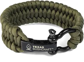 Texas Bushcraft Firecraft Cord Survival Bracelet  Paracord Bracelet with Bow Shackle for Camping and Emergency  3 Extra Strands Include Wax Thread, Tinder, and Fishing Line