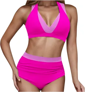 Tummy Control Color Block Swimsuit Two Piece Full Coverage High Waist Bottoms Beach Surf Sail Swimwear