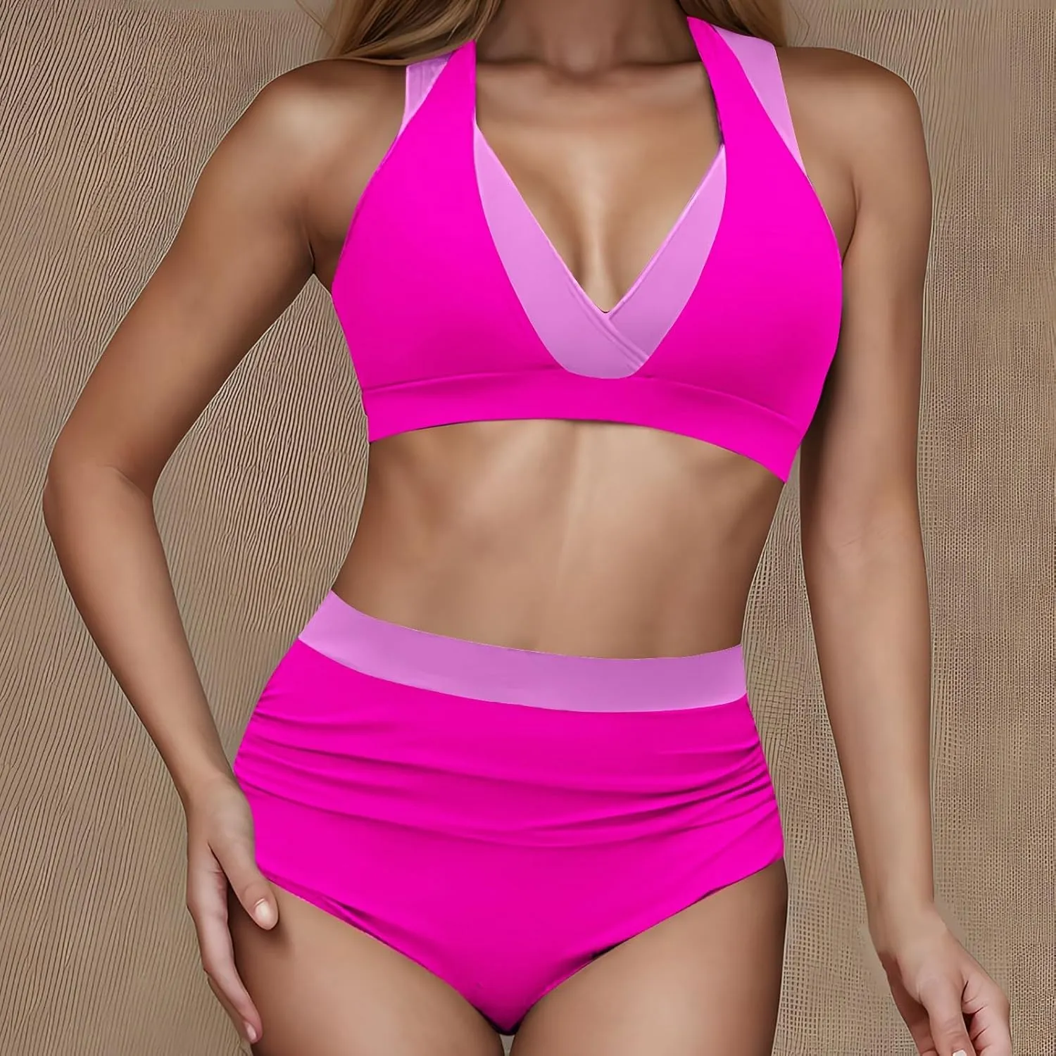 Tummy Control Color Block Swimsuit Two Piece Full Coverage High Waist Bottoms Beach Surf Sail Swimwear