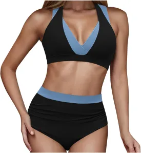 Tummy Control Color Block Swimsuit Two Piece Full Coverage High Waist Bottoms Beach Surf Sail Swimwear