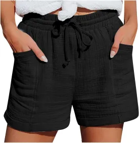 Womens Linen Shorts,2025 Summer Shorts for Women Comfy Cute Drawstring Beach Short Pants with Pockets